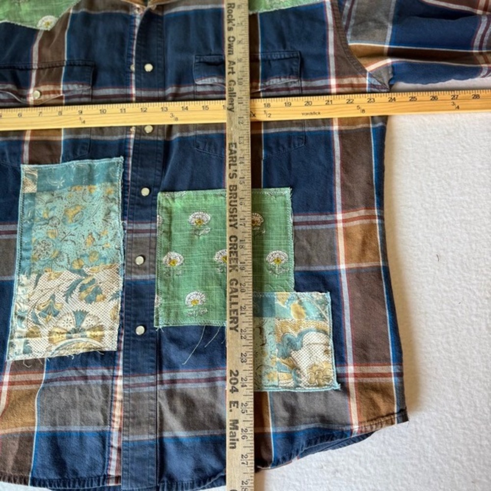 Upcycled Wrangler Custom Western Shirt Plaid Pearl Snap Bird Floral Blue Brown - Picture 7 of 8